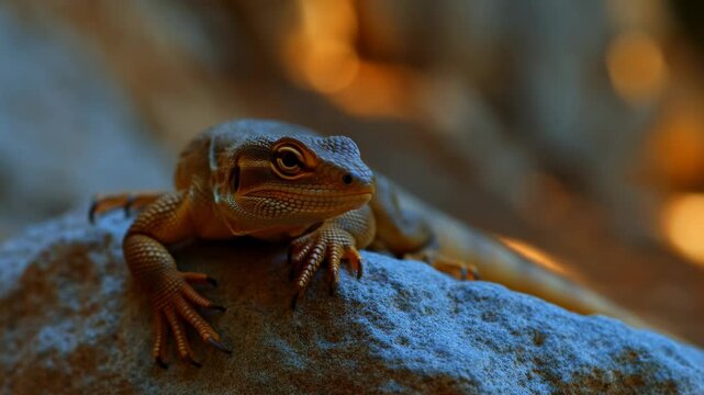 Lizard resting on a rock in a softly blurred rocky habitat. Wildlife documentaries, reptile education, and zoology lessons.