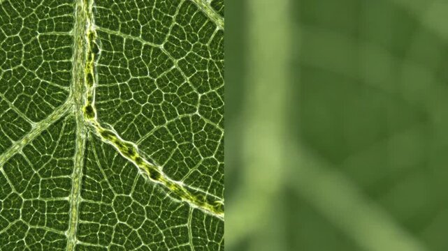 Locked-off macro close-up of textured plant leaf showing gentle glowing nutrient flow inside transparent micro-veins beside calm, minimalist copy space with soft diffused light.