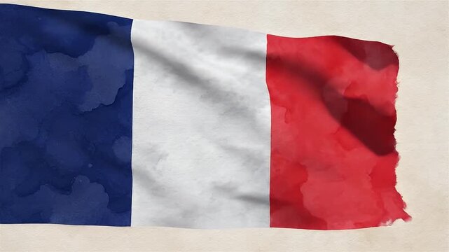 Animated French tricolor flag with blue, white, and red vertical stripes gently waving against a textured paper background.