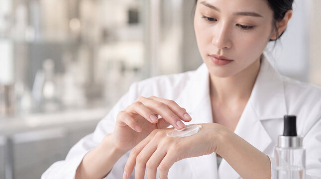 Asian cosmetic researcher in a white lab coat gently spreading a small amount of white cream on the back of her hand to assess its texture, natural fingers and realistic cream consistency