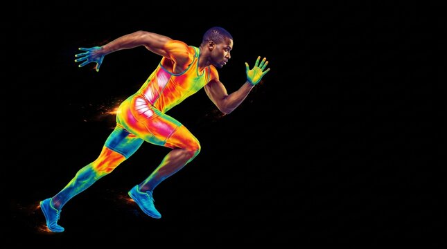 Thermography visual of a male runner showcasing heat map body intensity and dynamic speed against black backdrop.