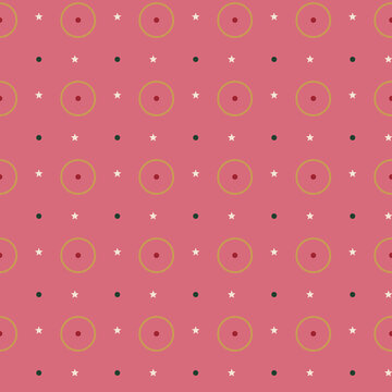 Pink Christmas Seamless Pattern with Retro Geometric Rings and Festive Polka Dots, Minimal Pastel Holiday Vector Background for Gift Wrap, Fabric Print, Wallpaper, Scrapbooking, and Packaging