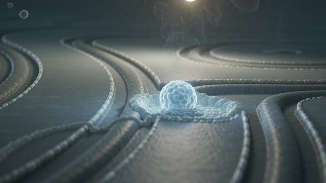 Gliding translucent sphere tracing groove on membrane, filament contacting groove