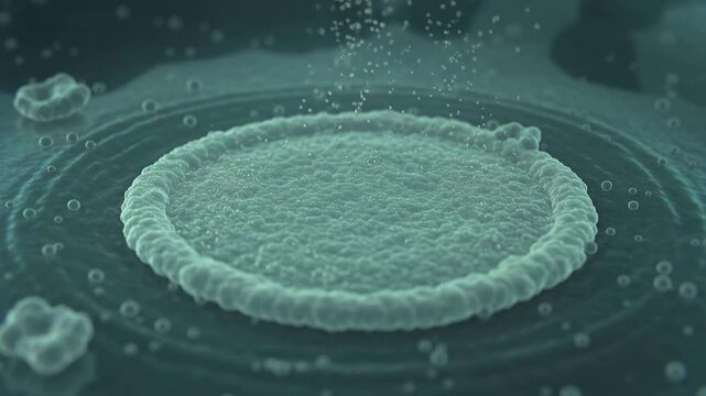 Swelling vesicle rupturing, expelling particles on cell surface and forming ring with ripples
