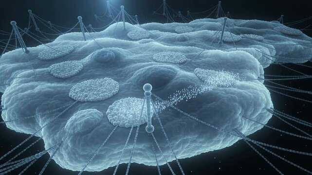 Emitting rod releasing beads across membrane, accumulating on circular domain, creating patch