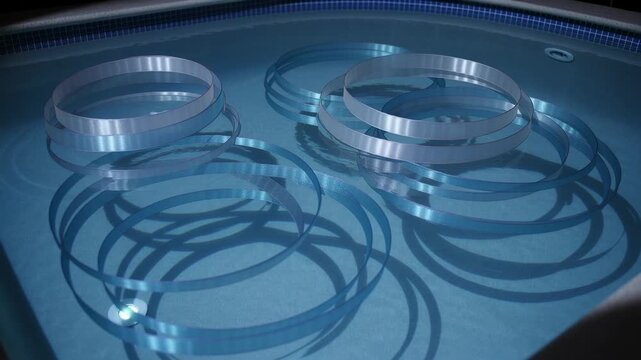 Lowering three metal spiral rings casting shadows above spa pool with LED light forming patterns