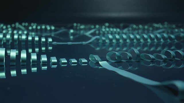 Tracking camera showing teal ribbon coils sending wave across glossy floor, forming mirror pattern