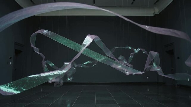 Floating hung ribbon sculpture slowly reshaping gallery as suspension lines shifting