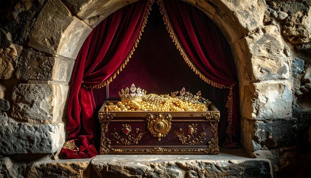 Decorative treasure chest with gold jewelry and red velvet curtains in stone setting