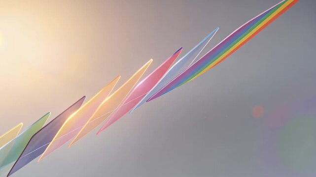 Moving glass panels separating across soft gradient after warm light flare, revealing rainbow band