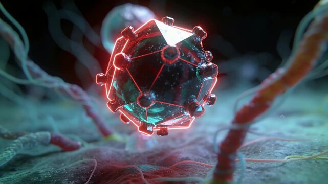 Lighting shift sending gliding faceted particle toward textured membrane, with droplets and fibers