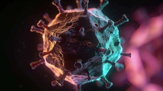 Rotating spiked sphere with push-in in dark void, revealing cratered spikes under teal or orange lig