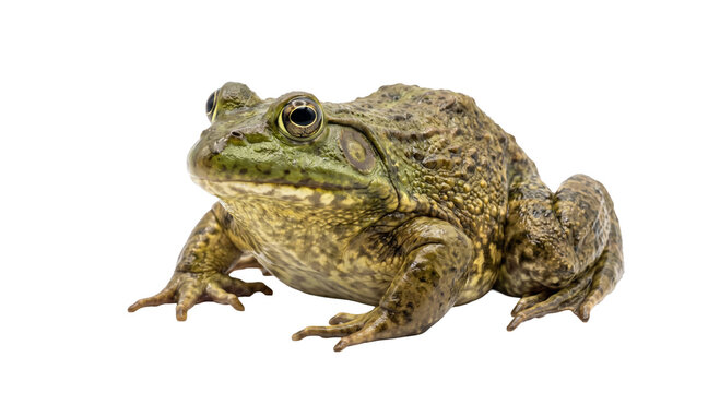 Detailed close-up of a large mottled frog crouching against a solid black background