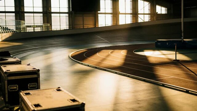 Streaming sunlight sweeping banked track in hall, camera moving, revealing pole vault mat and cases