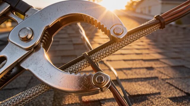 Clamping metal clamp holding woven cable and brown wires securing cable on shingle roof