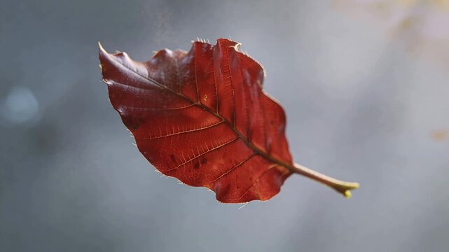 Drifting single rust leaf rotating, settling outdoors after breeze, with stem and wet sheen
