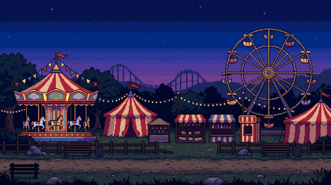 Vintage fairground with carousel and ferris wheel - pixel art game background illustration