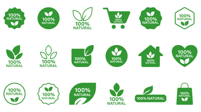 100% Natural Icons Set, Organic Product Symbols Collection, Natural Label Vector Set