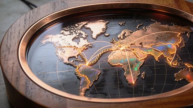 Power cable activating world map plate, sending braided glowing routes across metal continents