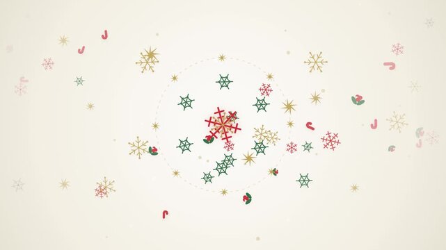 Red green and gold Christmas snowflakes and candy canes on cream