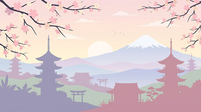 Traditional japanese landscape with pagodas and mount fuji at sunrise cherry blossom sakura tree asia travel vector illustration digital painting