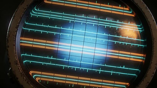 Powering circular monitor revealing pulsing blue orb and neon tracks in dim workshop, rusted bezel