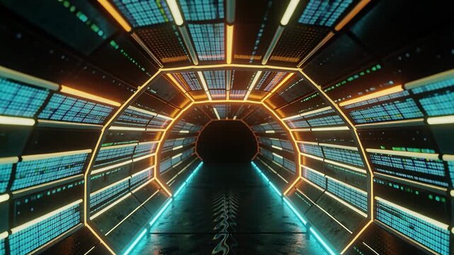 Gliding camera moving through tunnel to octagonal ring as lighting intensifying showing teal panels