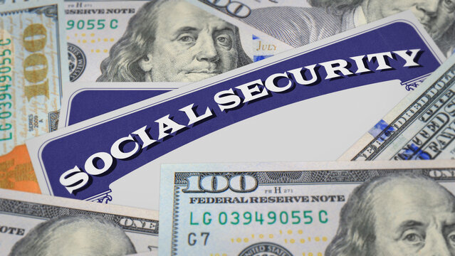 Close up of social security benefits card with 100 dollar bills. USA old age benefits, insurance, retirement, welfare, retirees, finance support concept