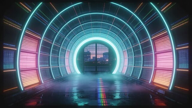 Pulsing neon ring tunnel in studio making fog after machine fires, cycling LED hues, rainbow strip