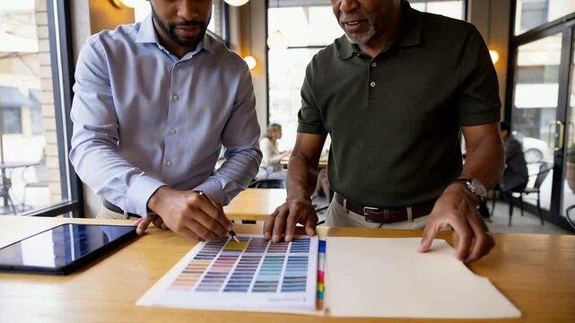 Pointing senior in polo guiding junior, comparing tablet, marking swatch at cafe, choosing palette