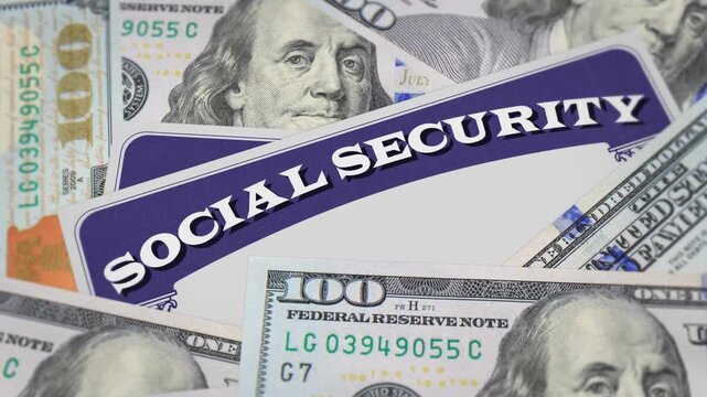 Close up of social security benefits card with 100 dollar bills. USA old age benefits, welfare, retirees, finance support concept. 4k footage