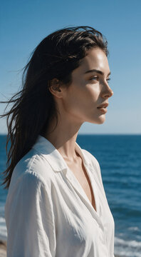 Woman in White Linen Shirt Looking Out Over the Ocean in a Coastal Breeze