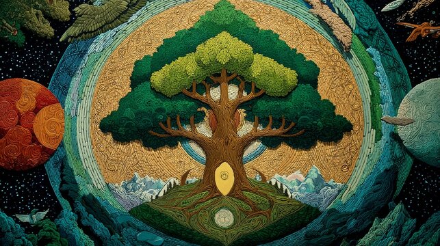 At the center of the cosmos, Yggdrasil, the World Tree, stands tall, its branches stretching through the nine realms, connecting gods, men, and beasts in an eternal cycle. 