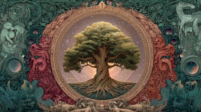 At the center of the cosmos, Yggdrasil, the World Tree, stands tall, its branches stretching through the nine realms, connecting gods, men, and beasts in an eternal cycle. 