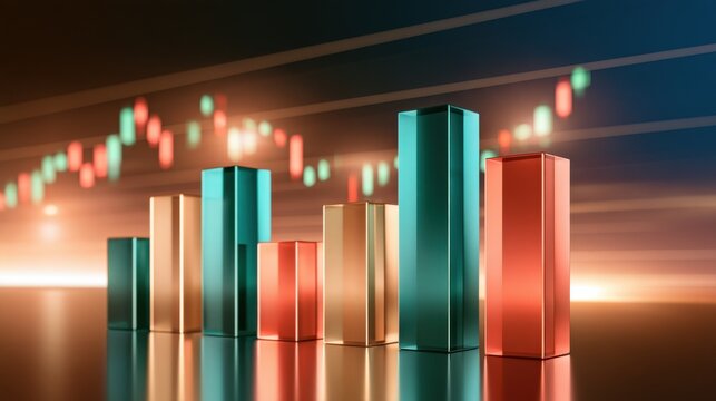 Glossy emerald and copper bars standing on reflective surface with candlestick chart background representing financial data visualization