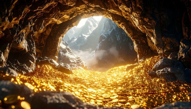 Stunning view of a mountain cave with sparkling gold river and bright daylight glow