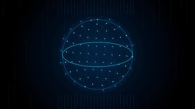 Blue wireframe globe with equator ring and glowing network dots