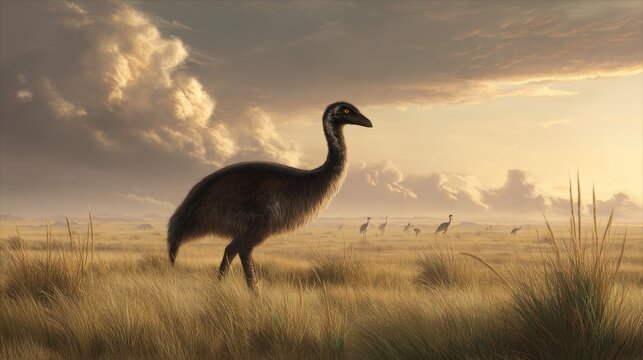 Before the age of eagles, giant flightless birds like Phorusrhacos stalked the grasslands with sharp beaks and piercing eyes, ruling as apex predators of their ancient domain.