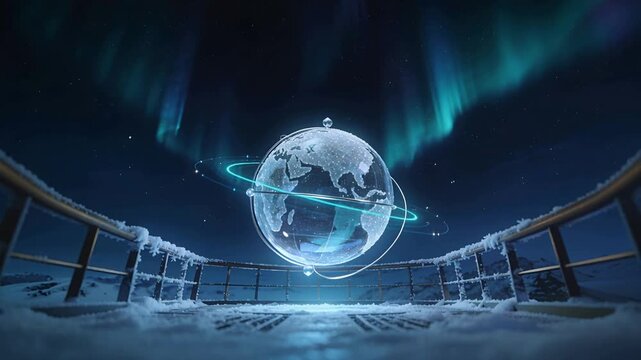 Materializing holographic globe rotating above snowy deck, projecting cyan rings and lighting floor