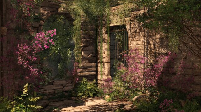 Behind ancient stone walls, a hidden garden flourished, untouched by the world, where vibrant flowers entwined with vines and jasmine scented the air, as if time had forgotten to pass.