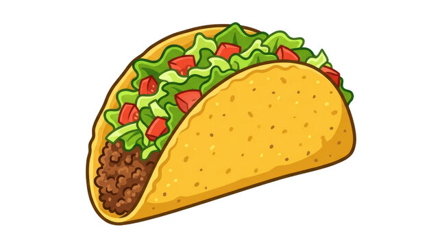 Hard-shell taco with beef, lettuce, tomato, and cheese on white background