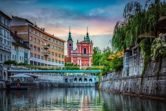 Bridge and Ljubljanica river in the city center. Ljubljana, capital of Slovenia.