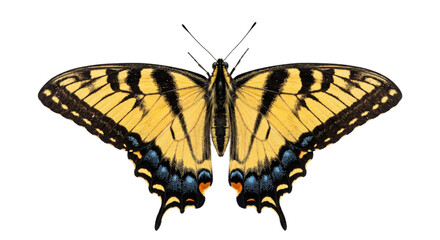 Yellow and black tiger swallowtail butterfly isolated with its wings fully spread on black © Ophelia