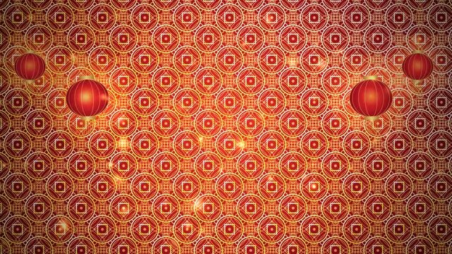 Traditional red and gold Chinese new year background with glowing festive lanterns and ornate geometric patterns