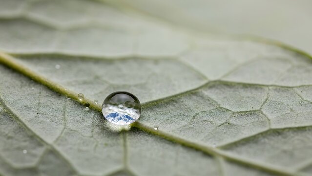 Water droplet on green leaf closeup