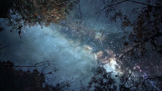 Beneath a star-speckled sky, a cool breeze carried the earthy scent of moss and rustling leaves, as stars blinked like ancient eyes watching over a quiet world lost in cosmic beauty.