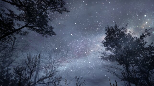 Beneath a star-speckled sky, a cool breeze carried the earthy scent of moss and rustling leaves, as stars blinked like ancient eyes watching over a quiet world lost in cosmic beauty.