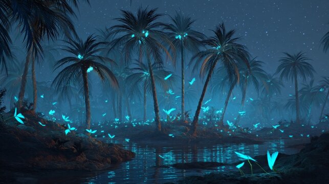 Bioluminescent palm trees sway on an alien island, where glowing fruit levitates above the ground and electric-blue birds hum through the air. 