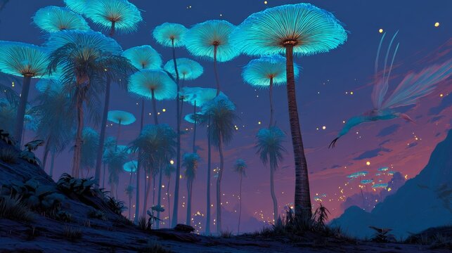 Bioluminescent palm trees sway on an alien island, where glowing fruit levitates above the ground and electric-blue birds hum through the air. 