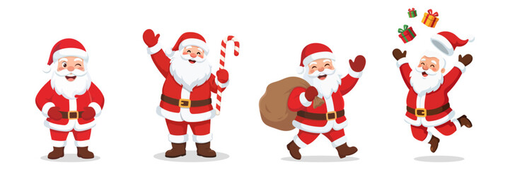 Naklejka na ściany i meble Set of cute Santa Claus characters in different poses, carrying sack, holding candy cane, and jumping isolated on white background, Christmas vector illustration